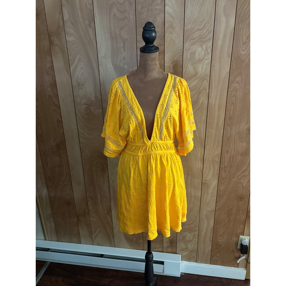 ASOS DESIGN Golden Yellow Eyelet Embroidery Mini Dress V-Neck Cotton Size 6